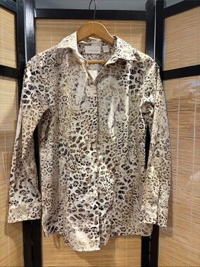 Chico's Men's Animal Print Button-Down Shirt in Cream and Brown
